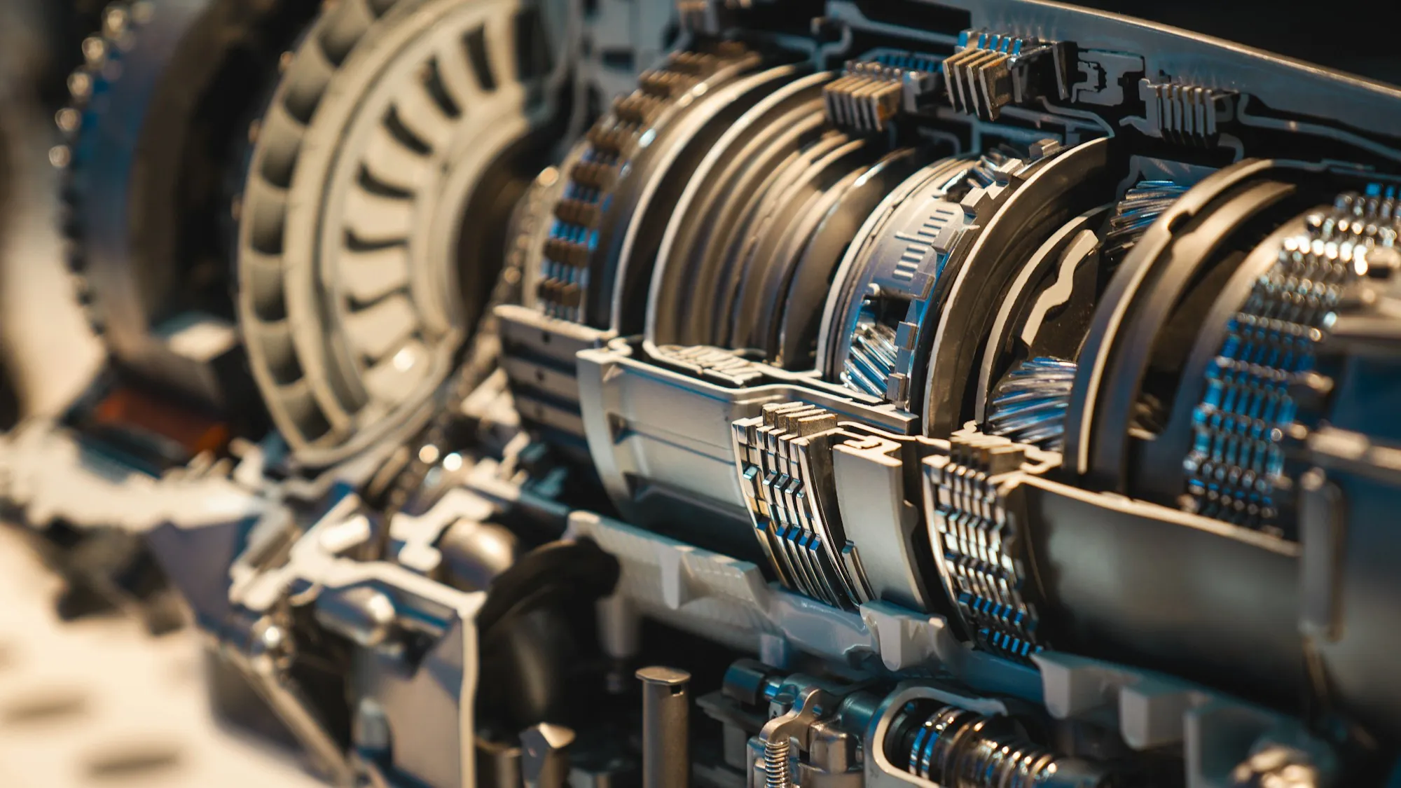 Inside view of transmission gears and clutch packs